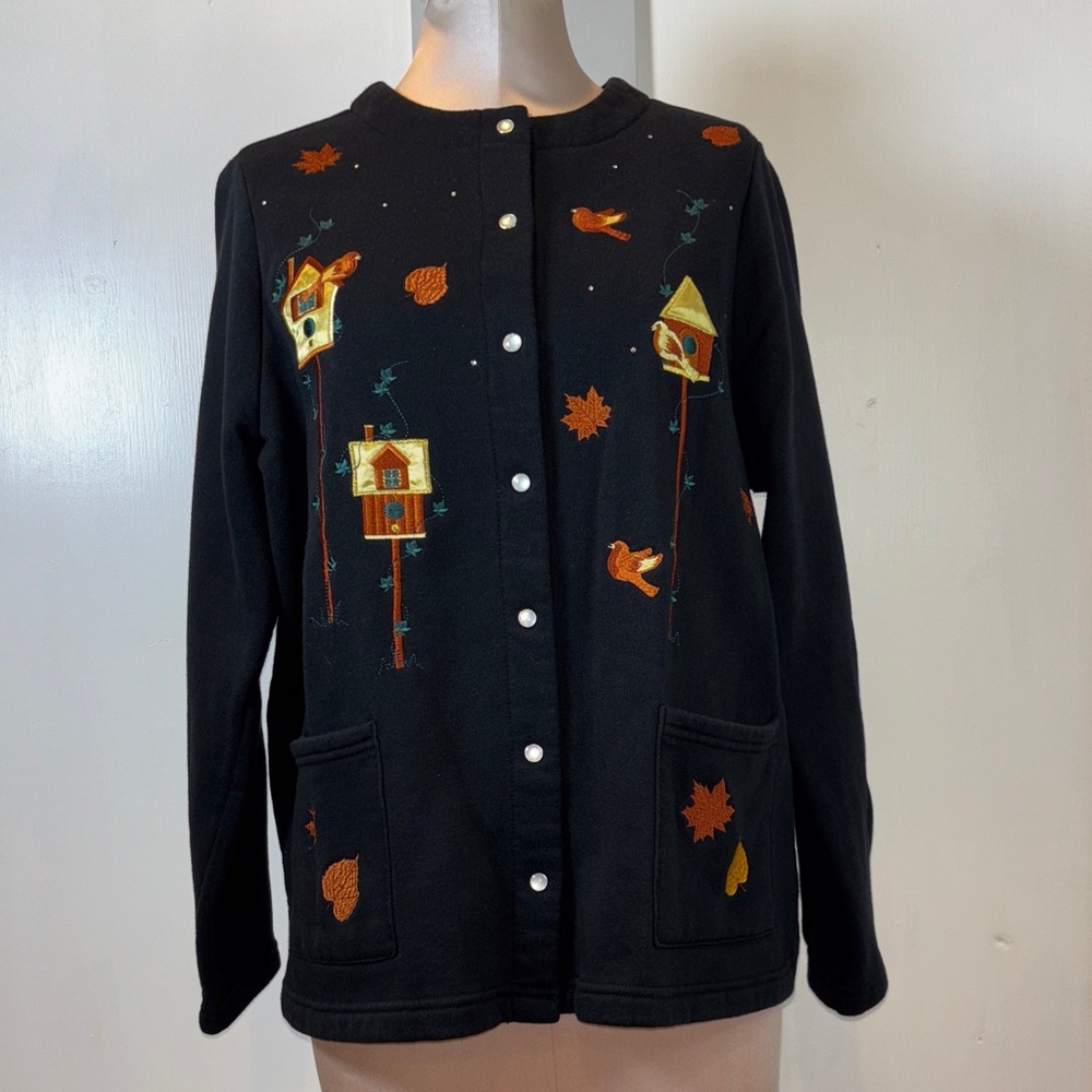 Vintage Fall Embroidered Birds Button Cardigan Sweater Jacket Size 1X